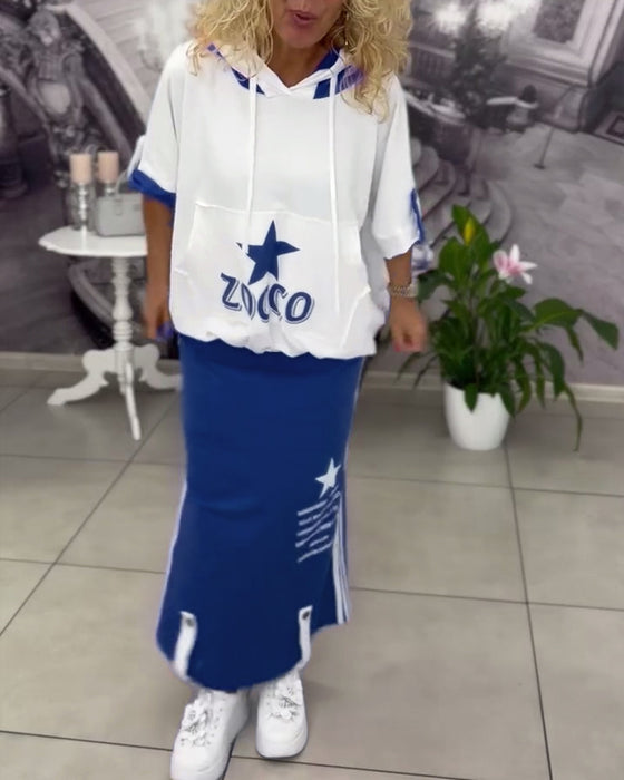 Sæt Med Hætte Snøre Printet Nederdel