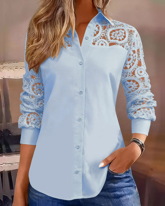 Bluse Ensfarvet Lapeler Blonder Patchwork