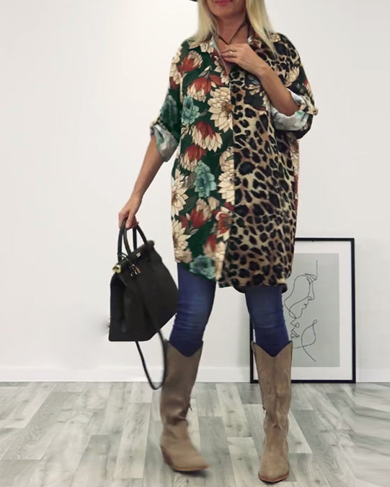 Revers patchworkskjorte med leopardprint