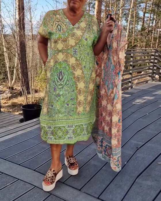 Kjole V-Hals Korte Ærmer Mønstret Løs