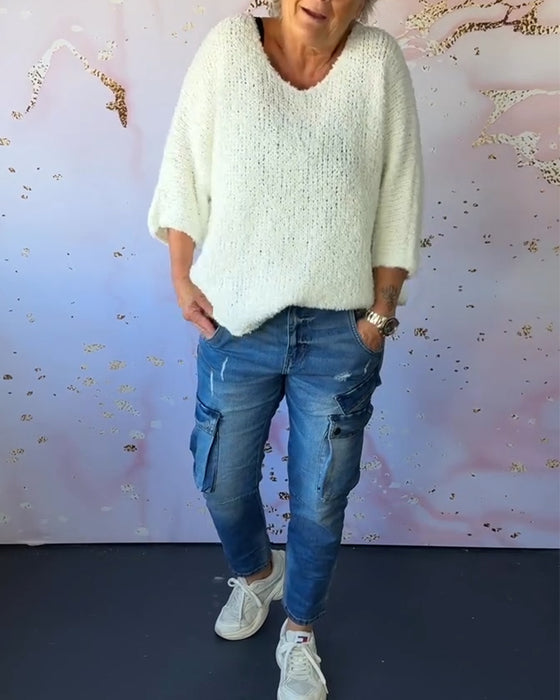 Ensfarvet sweater i løs pasform
