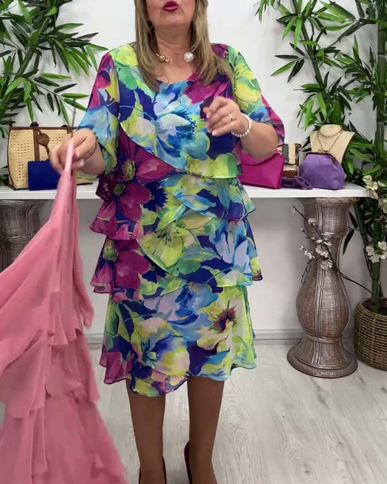 Halværmet blomsterkjole med flæser