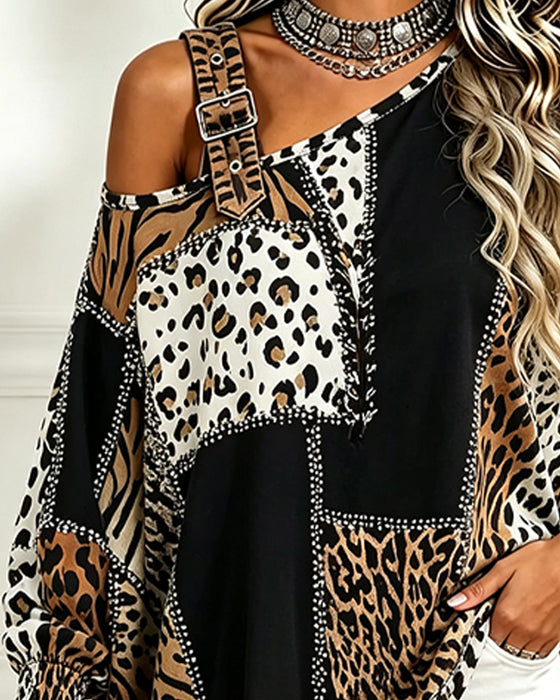 Bluse Leopard Tryk Patchwork Asymmetrisk Hals Lang Ærme