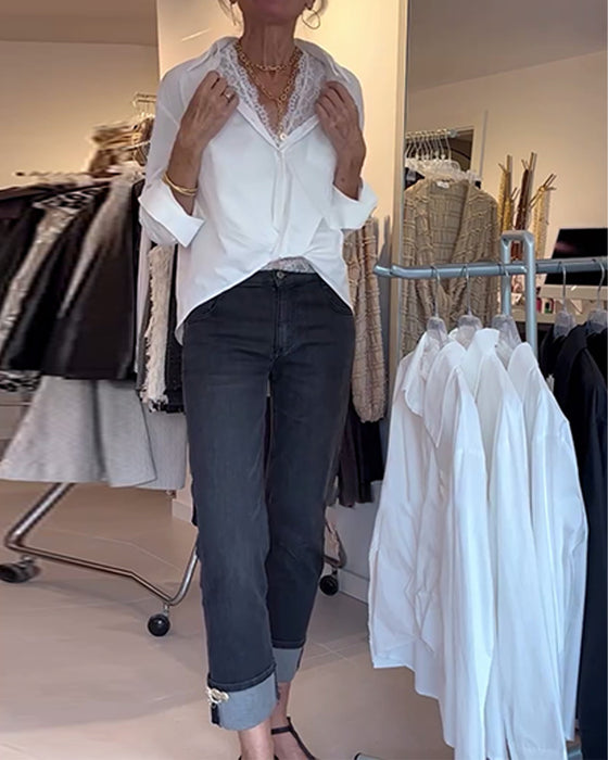 Skjorte Og Blonder Inner Sæt Opslag Ensfarvet Langærmet