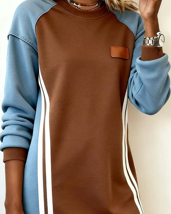 Kjole Langærmede Farveblok Rund Hals Lige