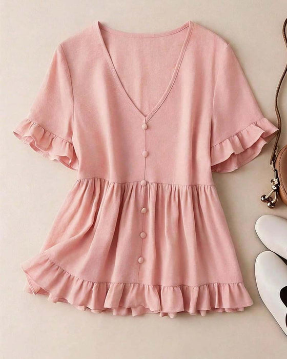 Bluse V-Hals Ruffle Perle Knap