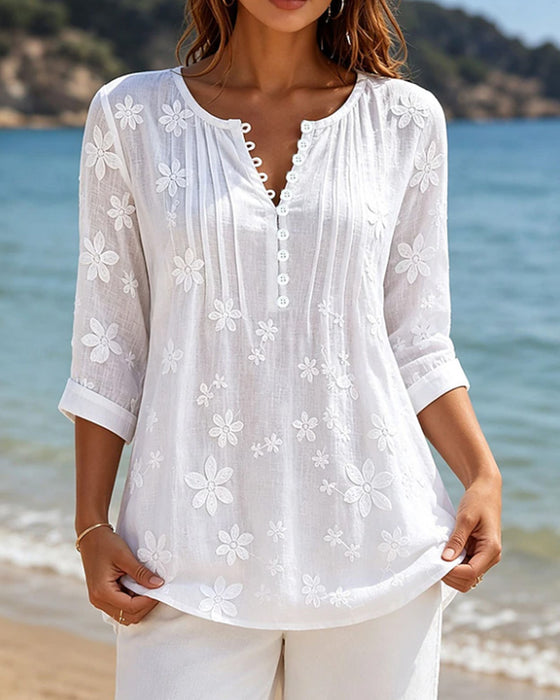 Bluse Knap Foran Rynket Blomstret Solid