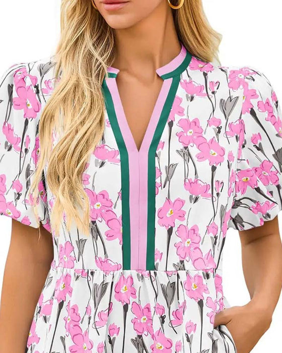 Kjole V-Hals Blomstrende Boble Ærme Patchwork