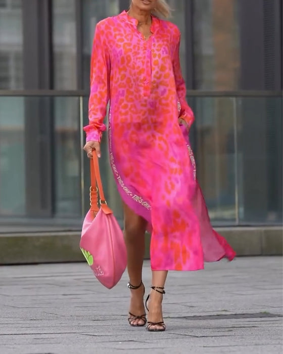 Kjole Langærmet Leopardskriftt Splits