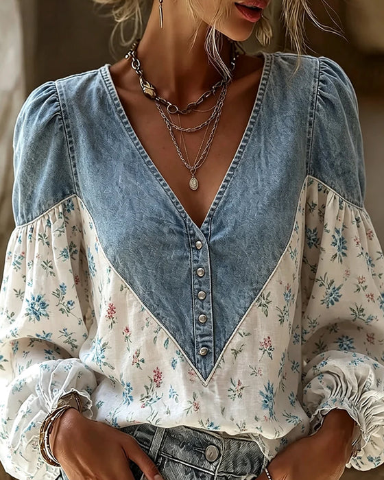 Bluse V-Hals Blomstertryk Pufærme Denim Panel