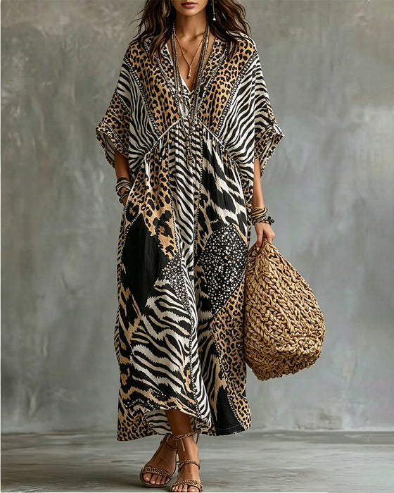 Kjole V-Hals Leopardprint Flagermusærme