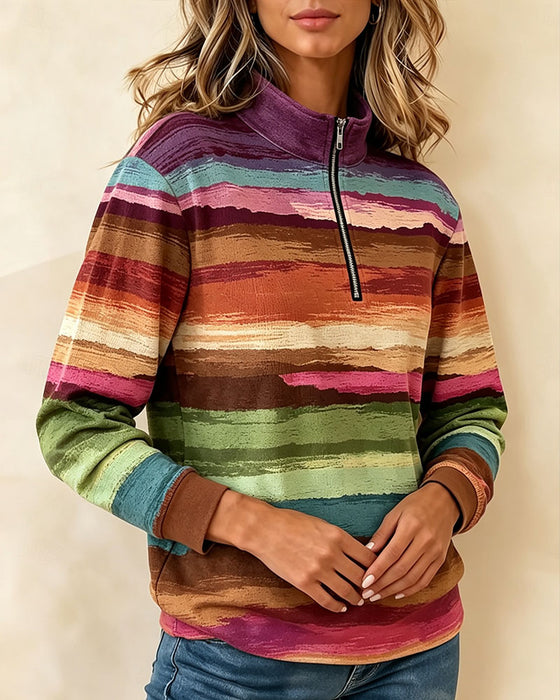 Sweatshirt Vintage Farverig Stribet Halv Lynlås Stående Krave Lang Ærme