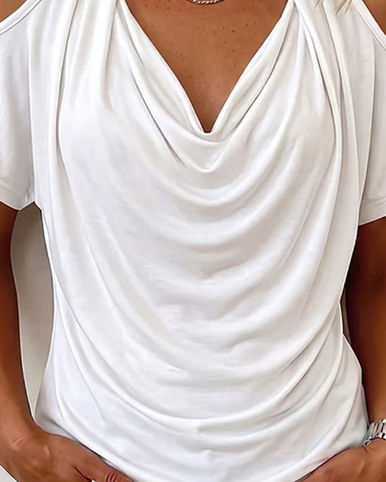 T-Shirt Halter Off-Shoulder Draperet Kort Ærme