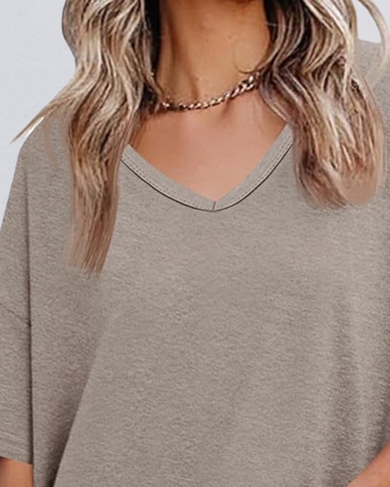 Bluse Ensfarvet V-Udskæring Patchwork Kant