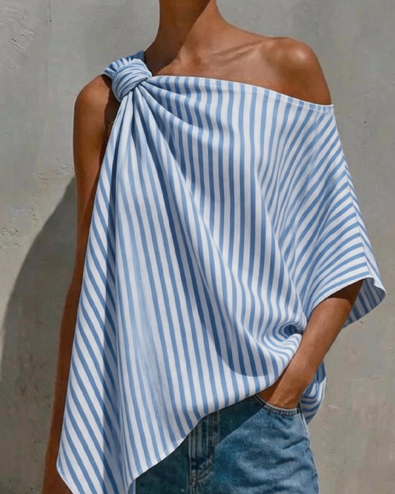 Bluse Stribet Løs Asymmetrisk Design