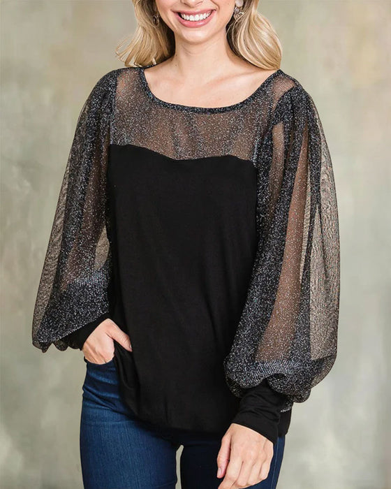 Bluse Sheer Pufærme Panel Afslappet