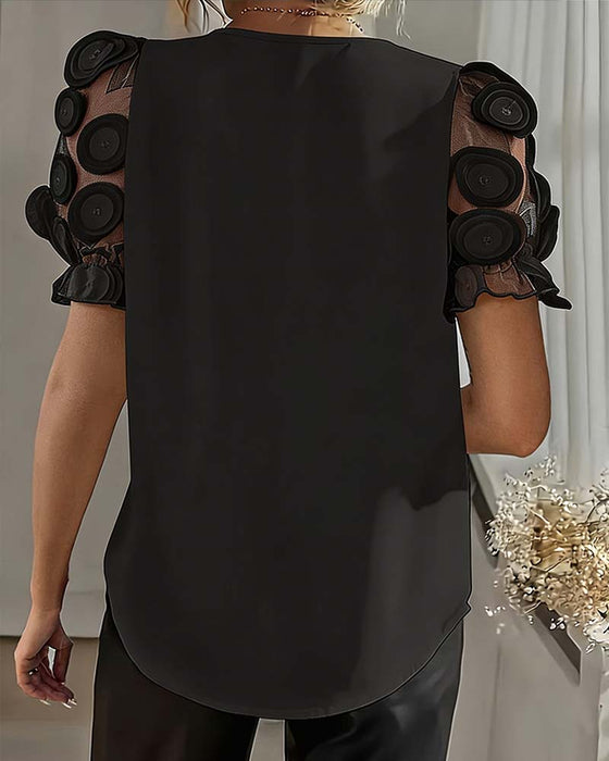 Bluse Puffærme Mesh V-Udskæring