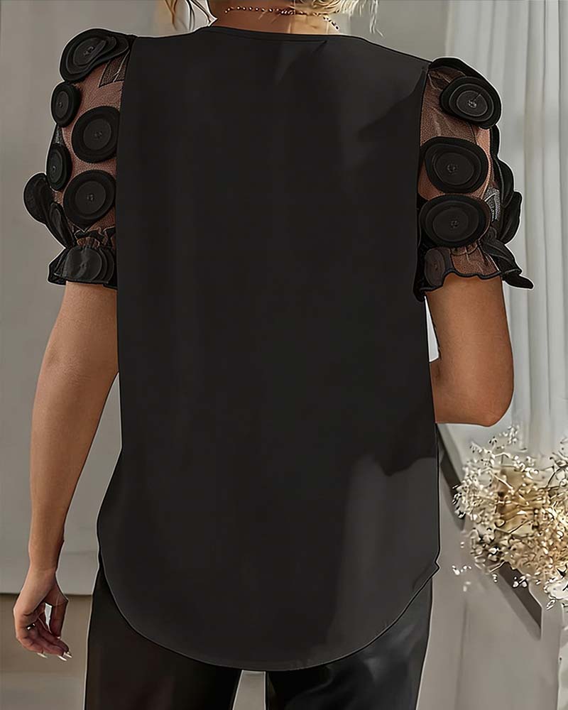 Bluse Puffærme Mesh V-Udskæring