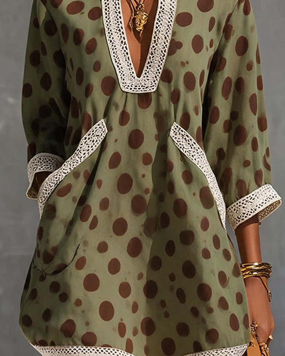 Kjole V-Hals Polka Dot Lomme