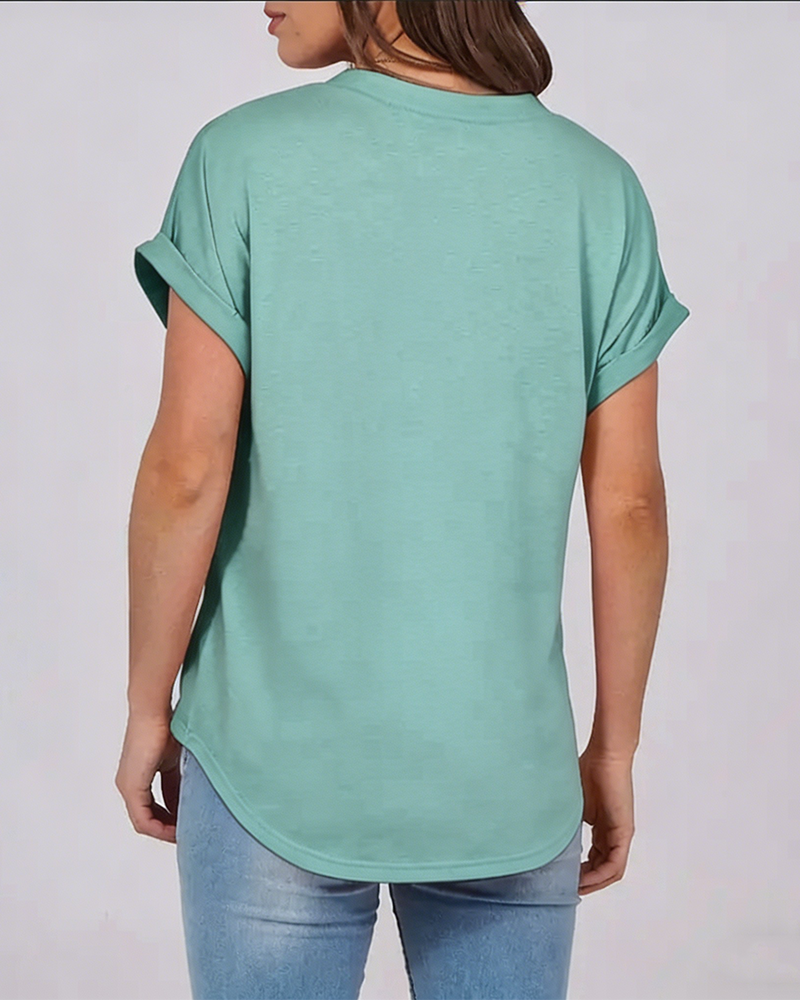 T-Shirt Ensfarvet V-Udskæring Kortærmet