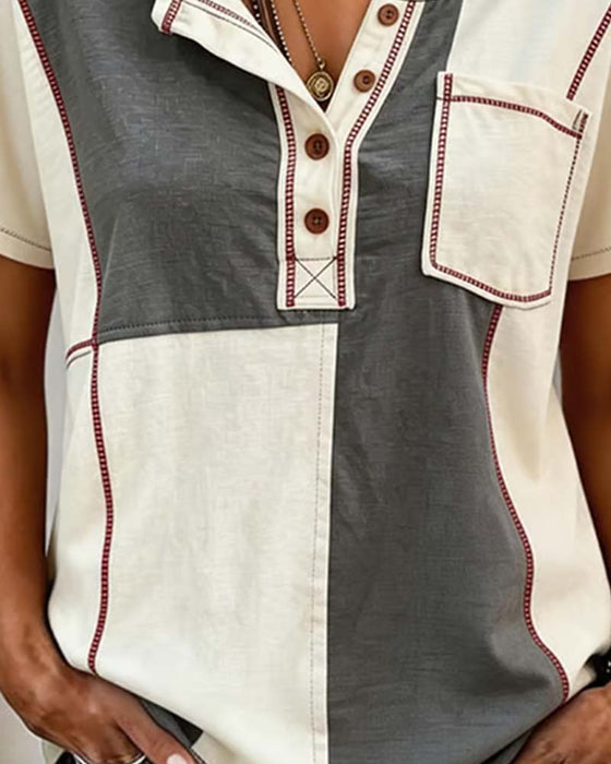 T-Shirt Kontrastfarve Rundhalset Knap Patchwork