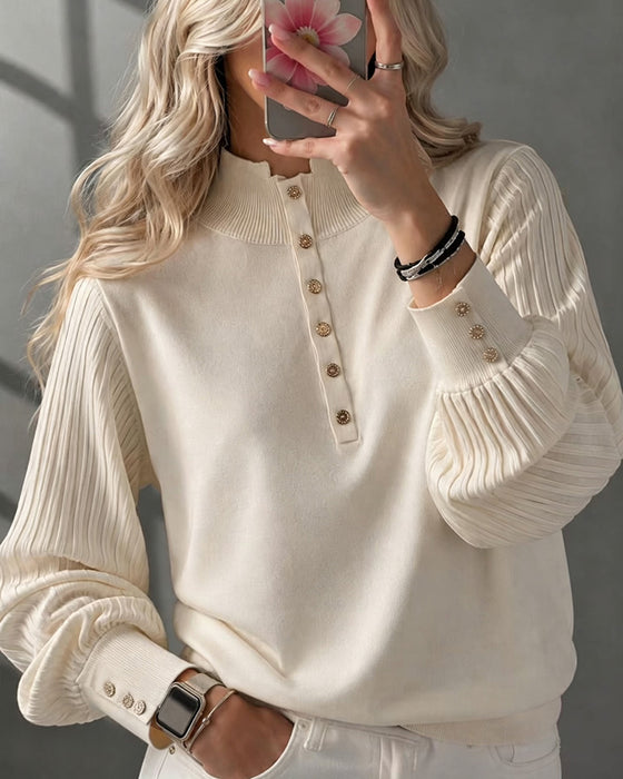 Pullover Højhals Knap Ribbet Pufferme Sweater