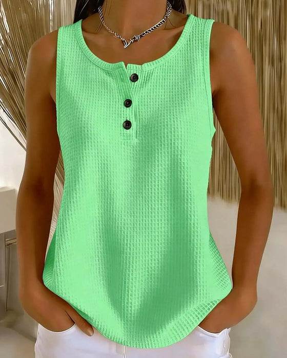 Tank Top Rundhalset Ærmeløs Vaffel Knap