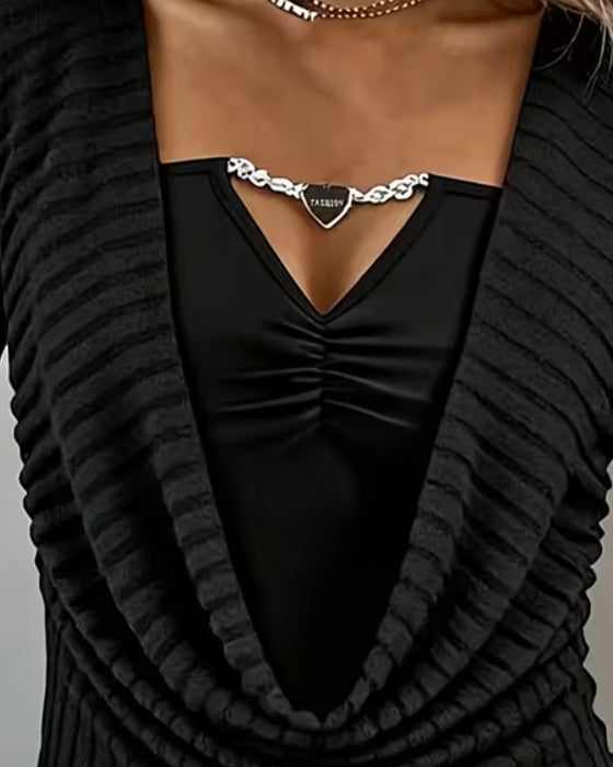 Top Faux Todelt Cowl Hals Lang Ærme