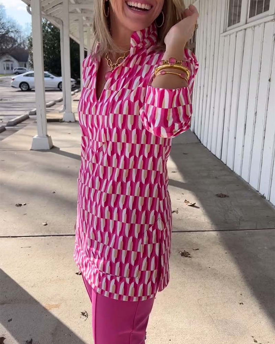 Mønstret top med ståkrave