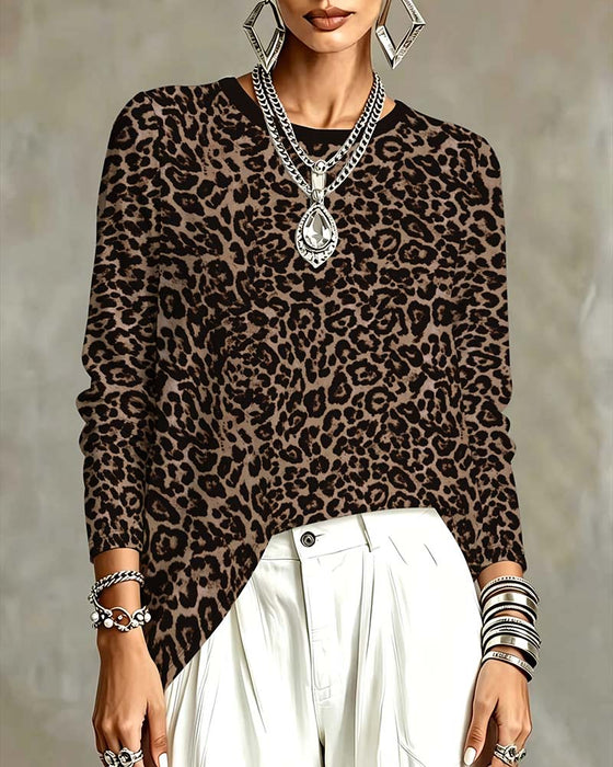 Top Leopard Lang Ærme Rundhalset