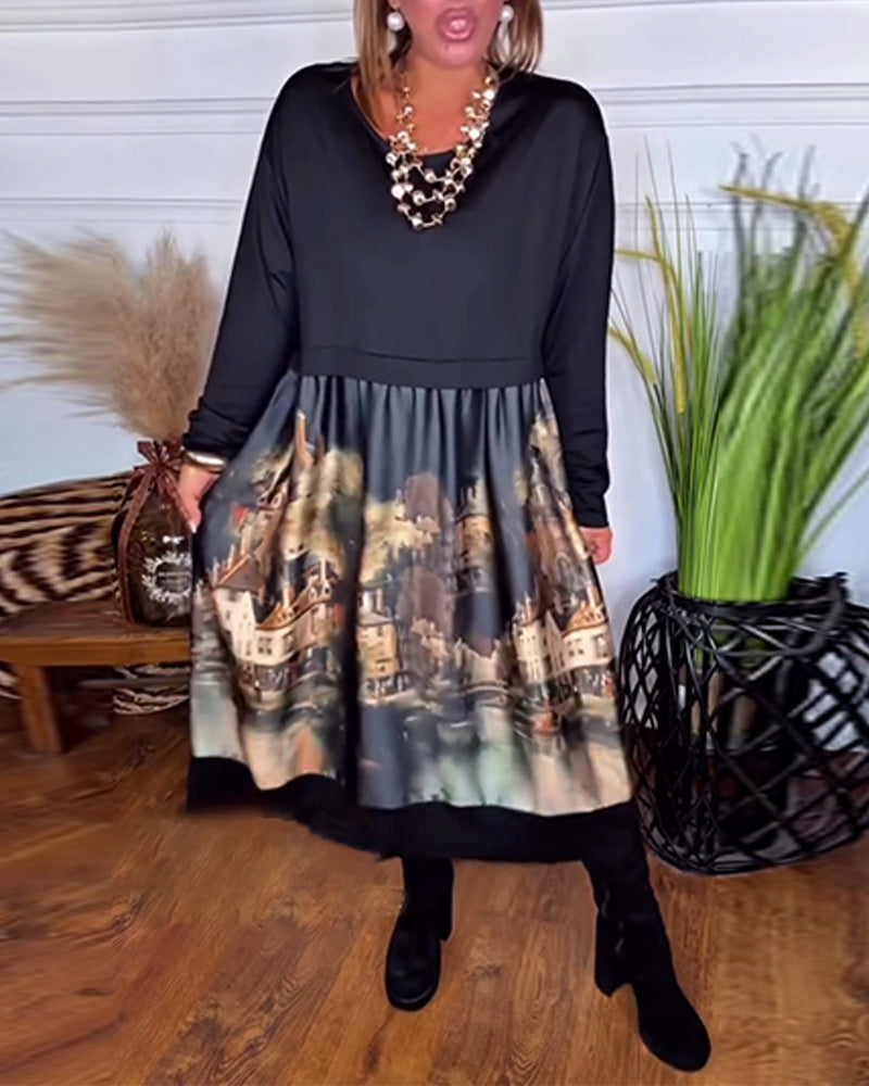 Kjole med afslappet print og lange ærmer