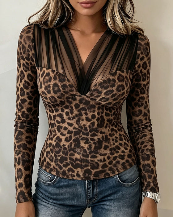 Top Sheer V-Hals Leopard