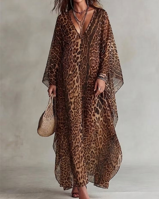 Kjole V-Hals Leopard Fuld-Nederdel