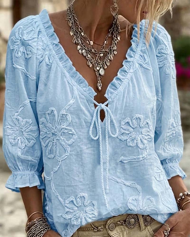 Bluse 100% Bomuld V-Hals Omslag Bundet Ruffet