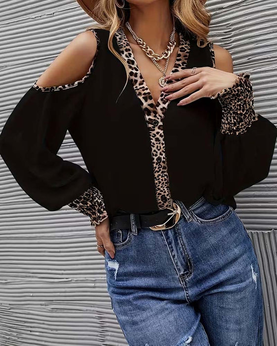 Bluse Off-Skulder Leopard Patchwork Lang Ærme
