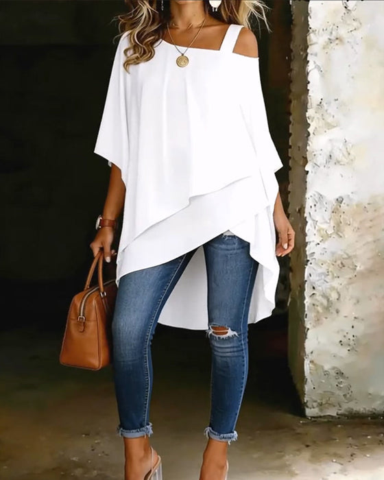 Bluse Asymmetrisk Cold Shoulder Ensfarvet Afslappet