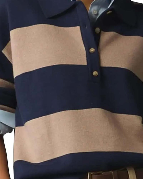 Pullover Med Bred Stribet Knappet Krave