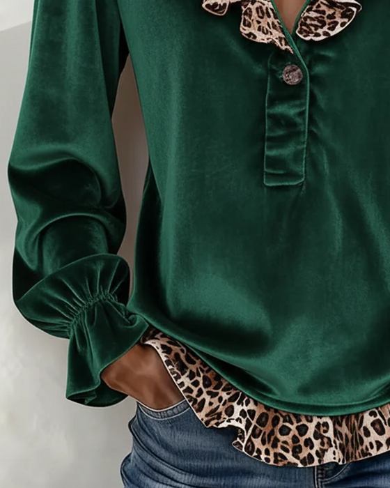 Top V-Hals Knap Ruffle Leopard