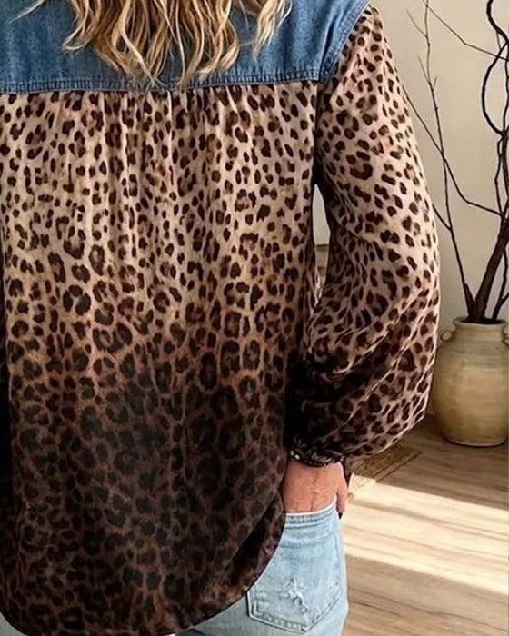Top Denim Patchwork Leopardmønster Langærmet