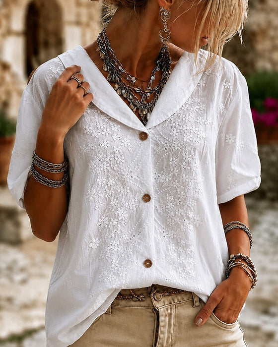 Bluse Revers Knap Tredimensionel Blomstret