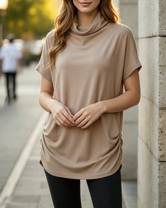 Bluse Mock Hals Kort Ærme Side Rynket