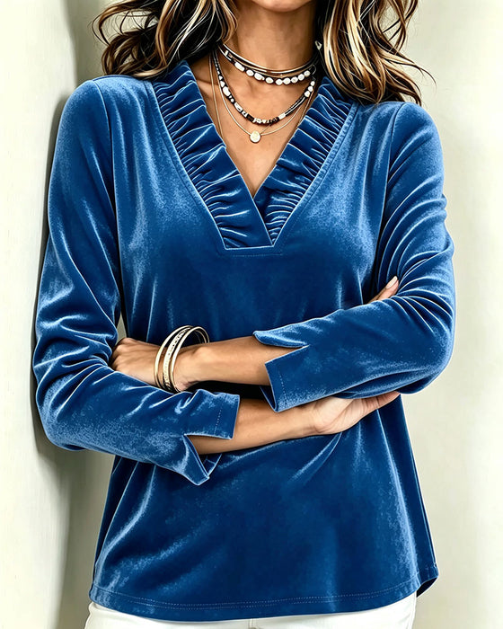 Bluse V-Hals Ruffle Rynket Slids