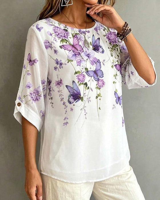 Bluse Rundhalset Sommerfugl Blomstret