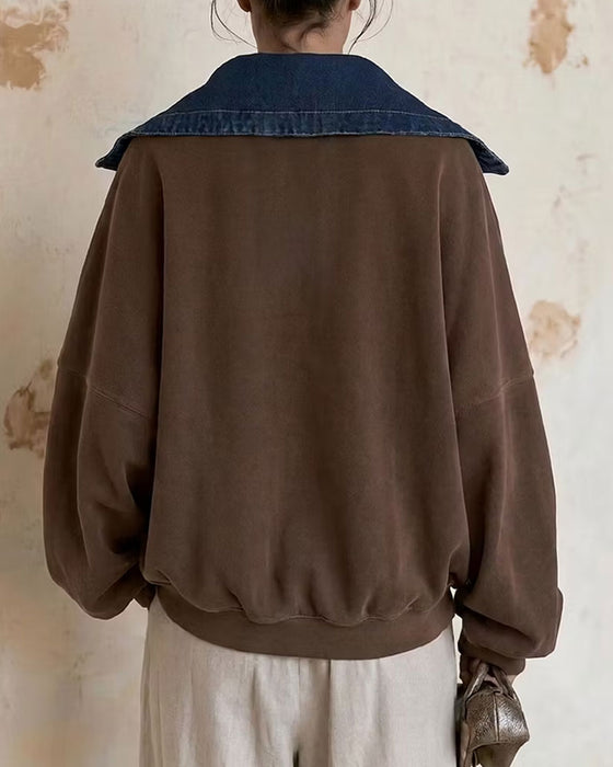 Sweatshirt Revers Denim Patchwork Løs