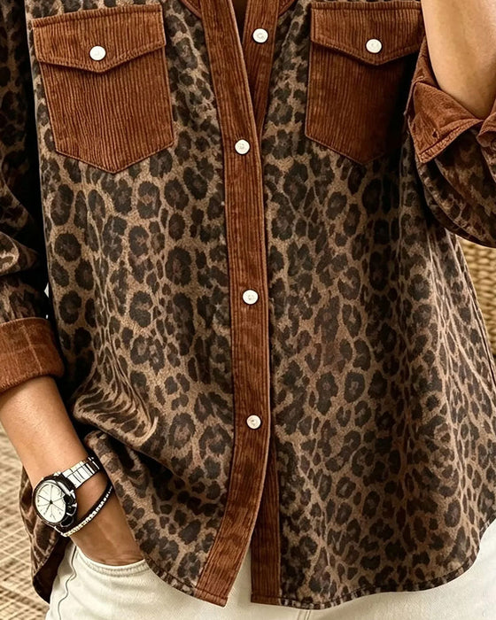 Skjorte Revers Knap Leopard Farveblok
