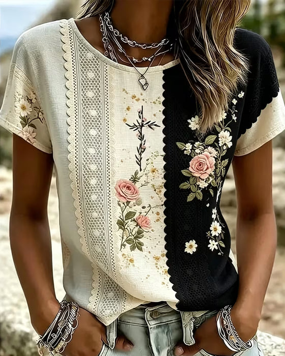 Bluse Kontrast Blonder Rose Tryk