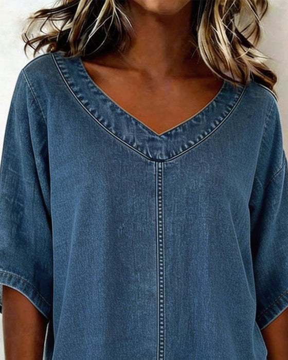 Top V-Udskæring Afslappet Denim