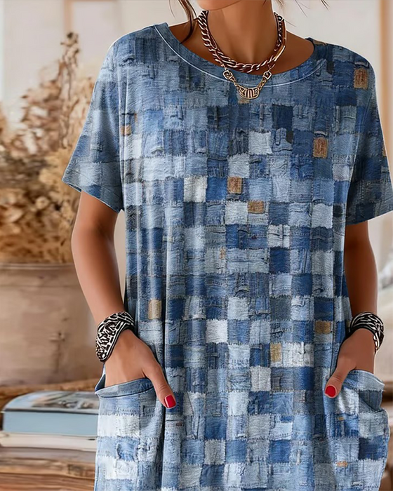 T-Shirt Farvet Tjek Tryk Kort Ærme