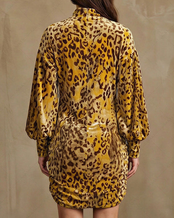Kjole Høj Hals Leopard Lanterne Ærme Elegant