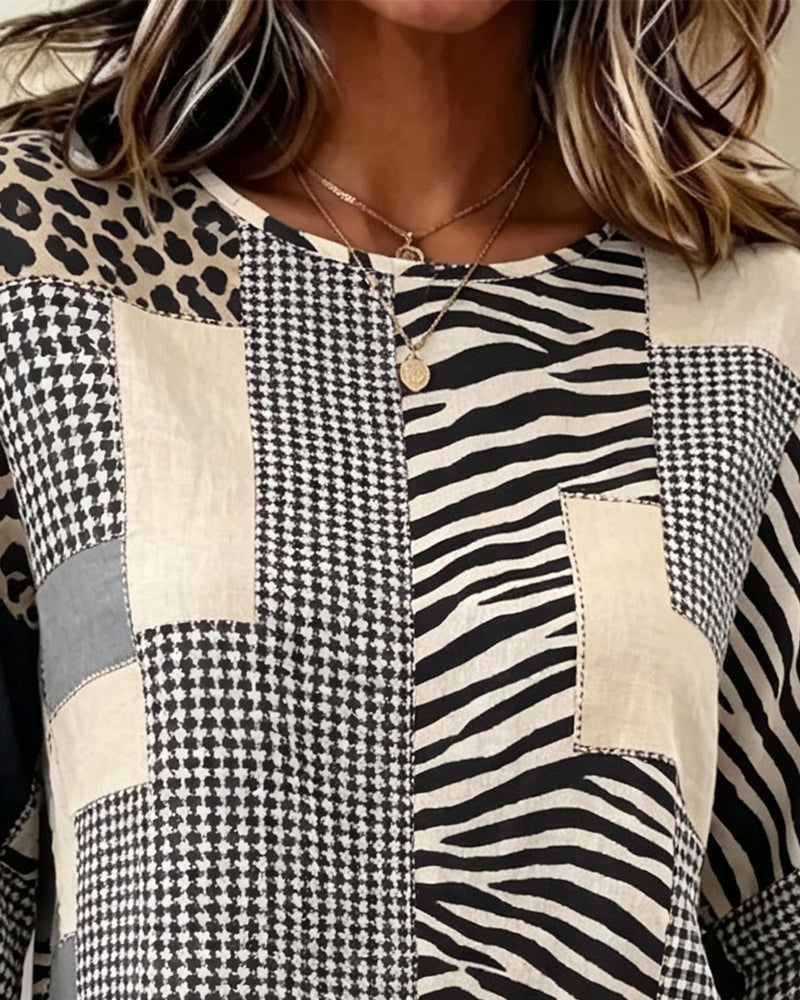 Bluse Rundhals Patchwork Ternet Leopard